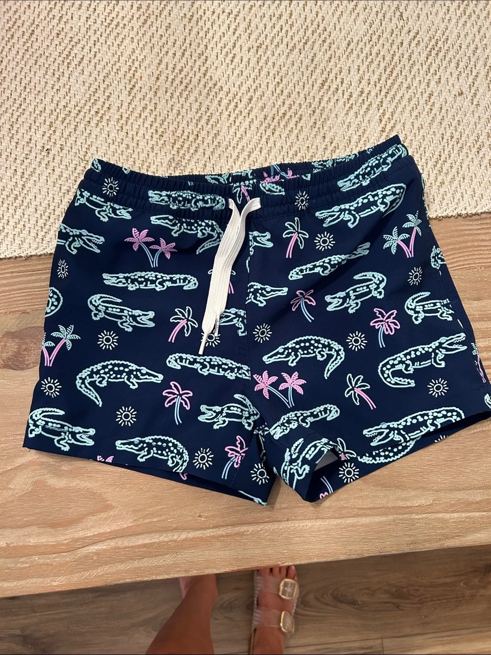 chubbies Kids Swim Trunks - Navy with Light Blue & Pink Alligator Print.